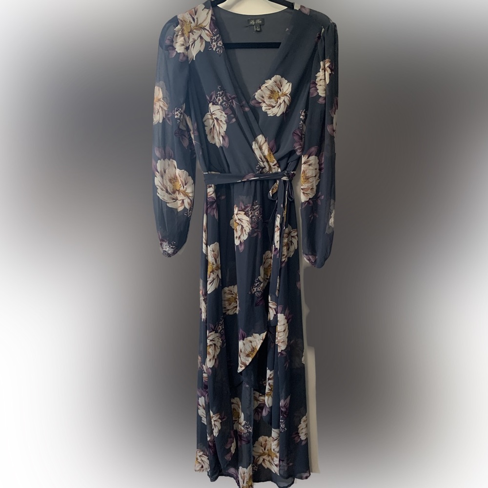 Lily Rose high-low faux wrap dress with sheer sleeves.